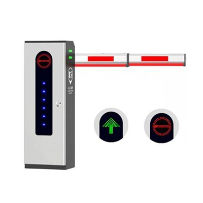 Barrera de paso vehicular con brazo blanco, con alimentación de 220V50Hz. Solución ideal para la gestión de acceso de vehículos.